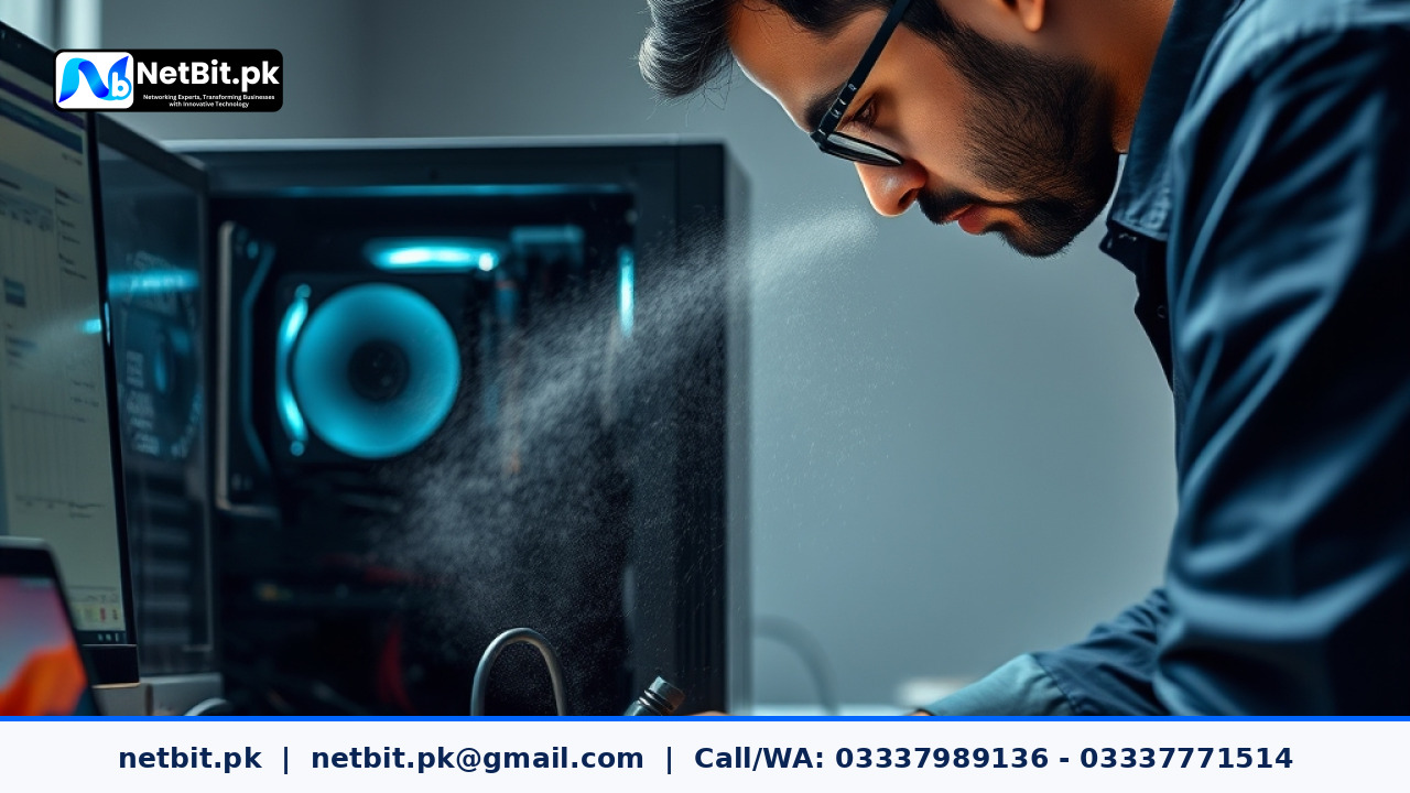 Pakistani IT technician performing internal hardware maintenance on a commercial office desktop workstation