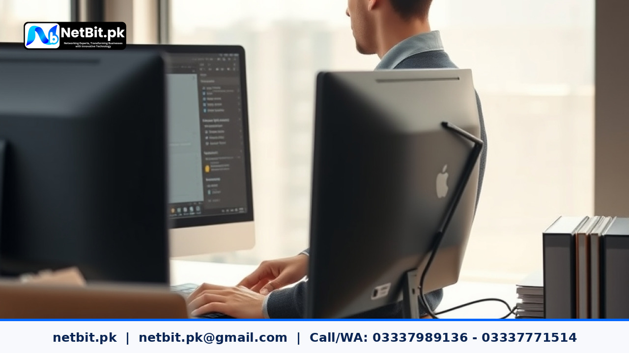 An office employee using a desktop computer to review automated digital business workflows in a tidy office environment. | NetBit Software House and Technology | netbit.pk