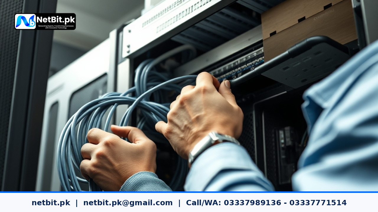 IT technician inspecting rack mounted server hardware in a clean server room | NetBit Software House and Technology | netbit.pk