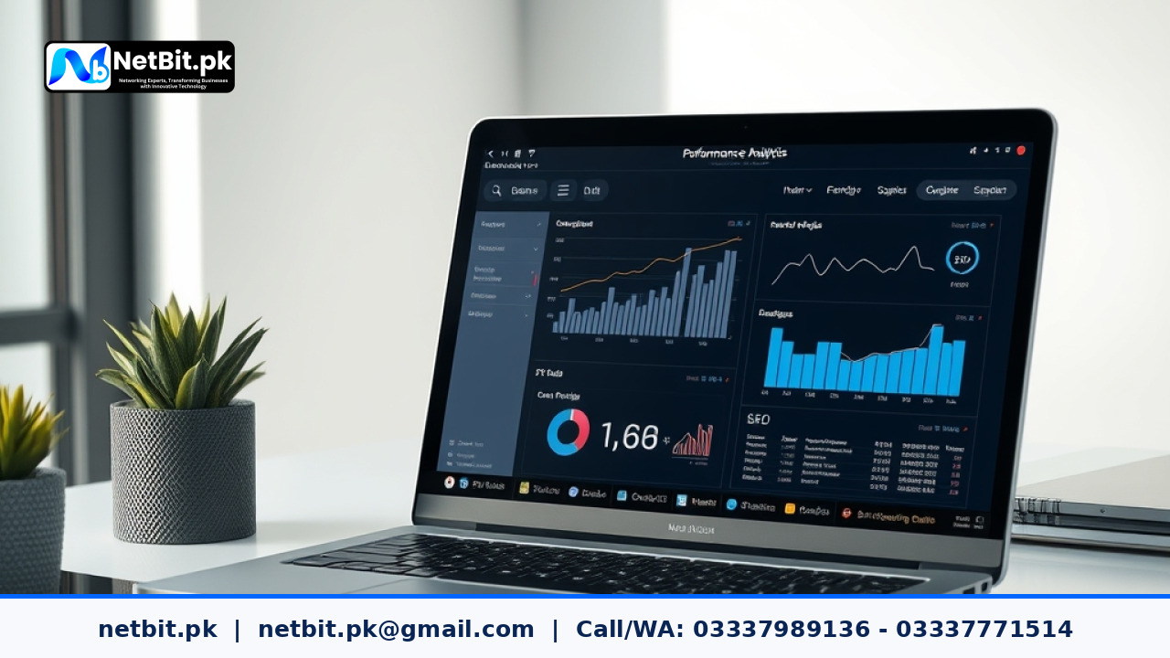 Professional working on laptop optimizing website SEO and digital marketing campaigns in modern office