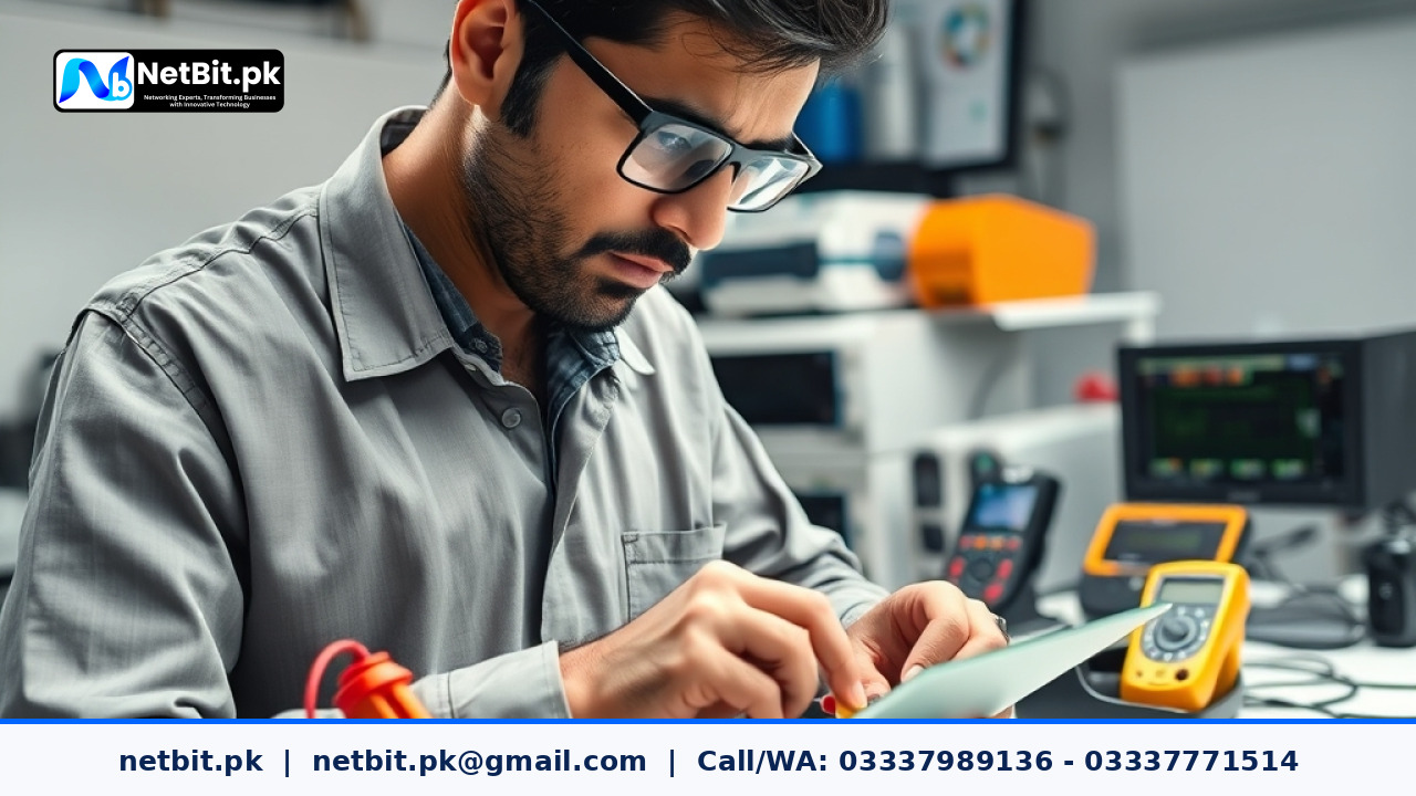 Engineers testing a custom circuit board with protective electronics and diagnostic tools on a workbench