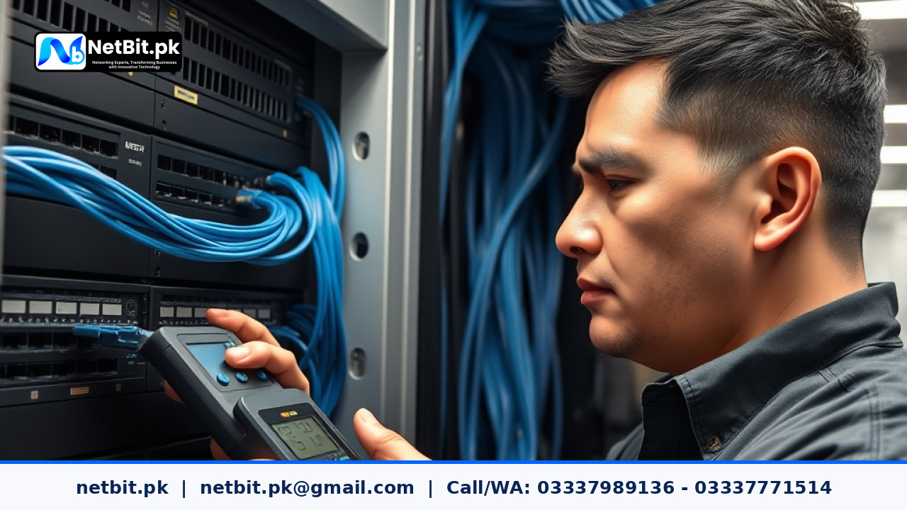 IT technician maintaining network patch panel and checking server cables with laptop diagnostic software