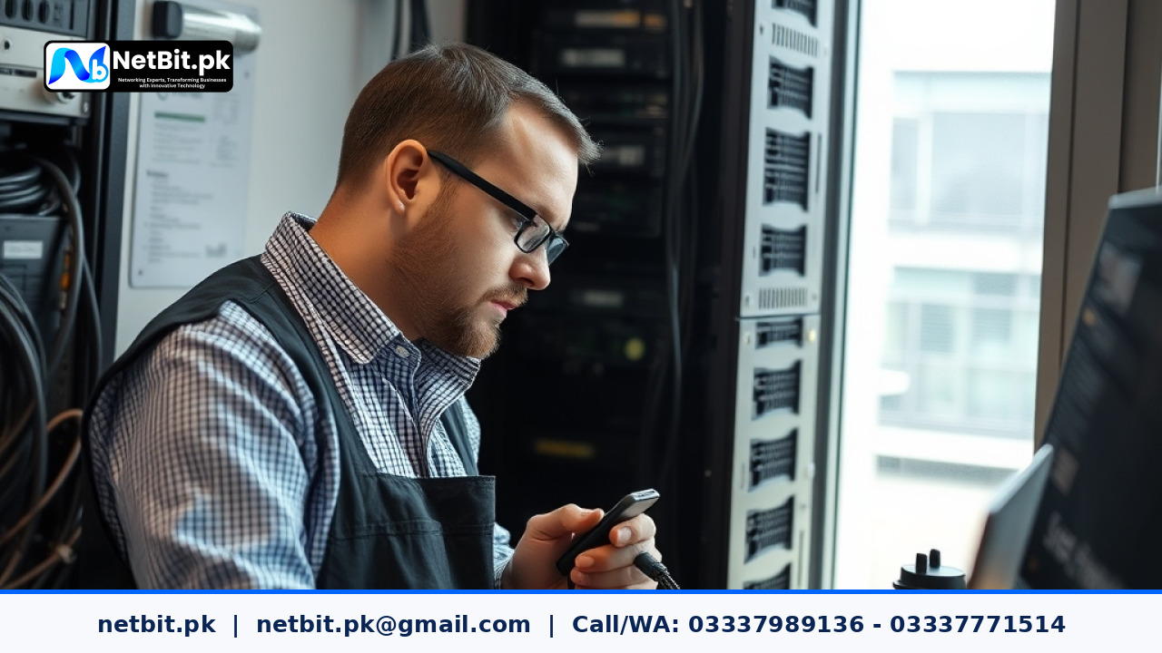 Professional technician installing security cameras and network switches in a modern office