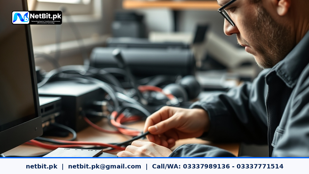 Technician configuring professional CCTV security cameras and network equipment