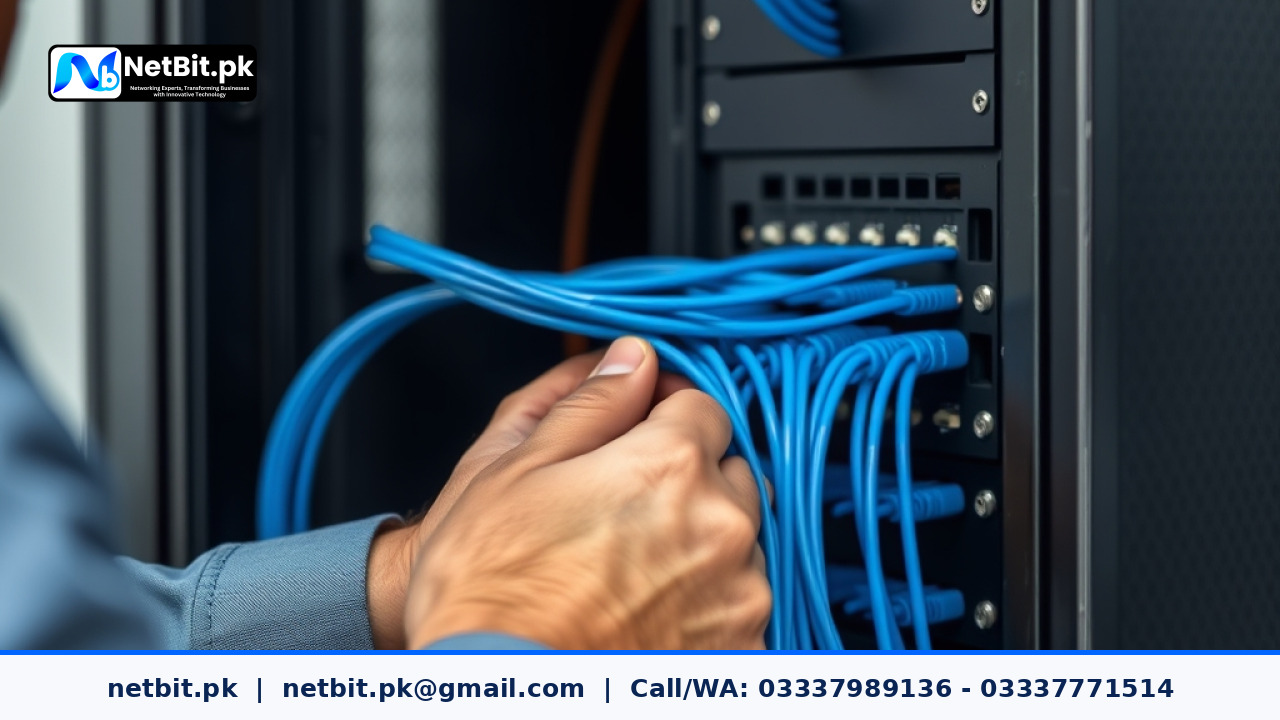 Professional technician organizing Cat6 network cables and terminating RJ45 connectors in an office rack