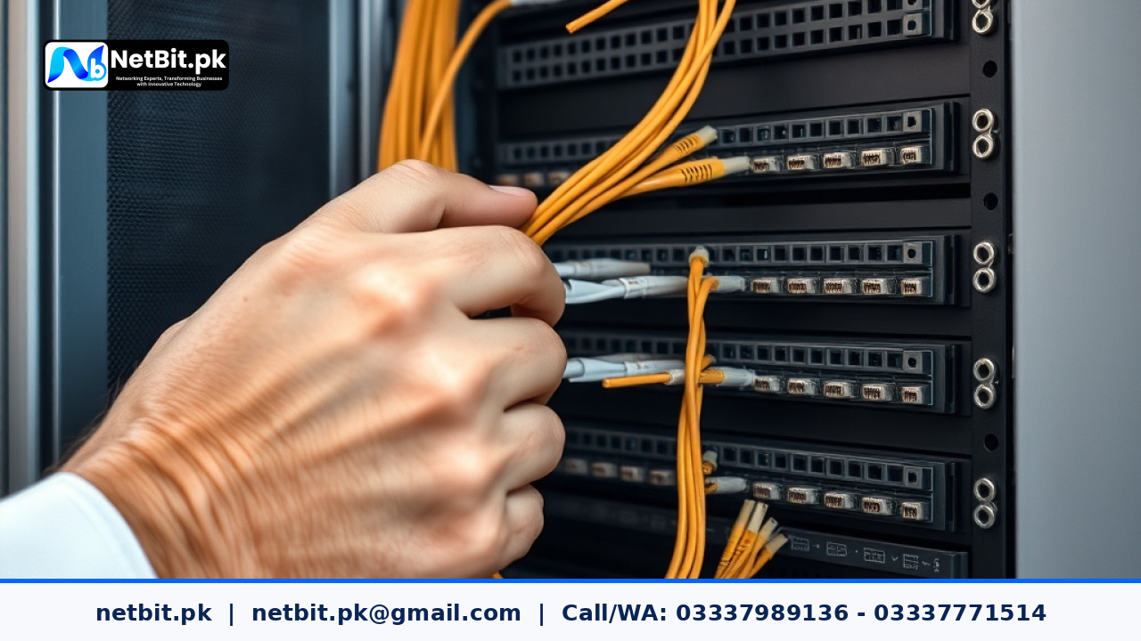 Network technician organizing cables and switch racks during an IT infrastructure installation | NetBit Software House and Technology | netbit.pk