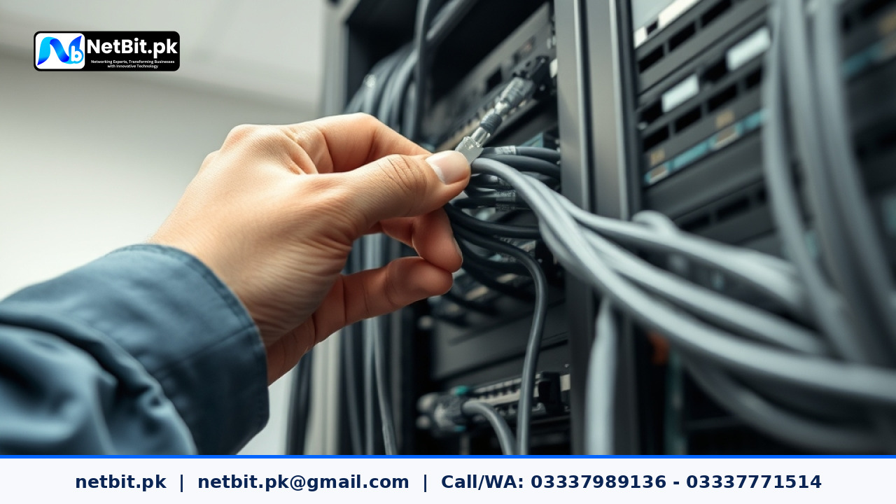 Network technician organizing server rack cables in a professional office environment | NetBit Software House and Technology | netbit.pk
