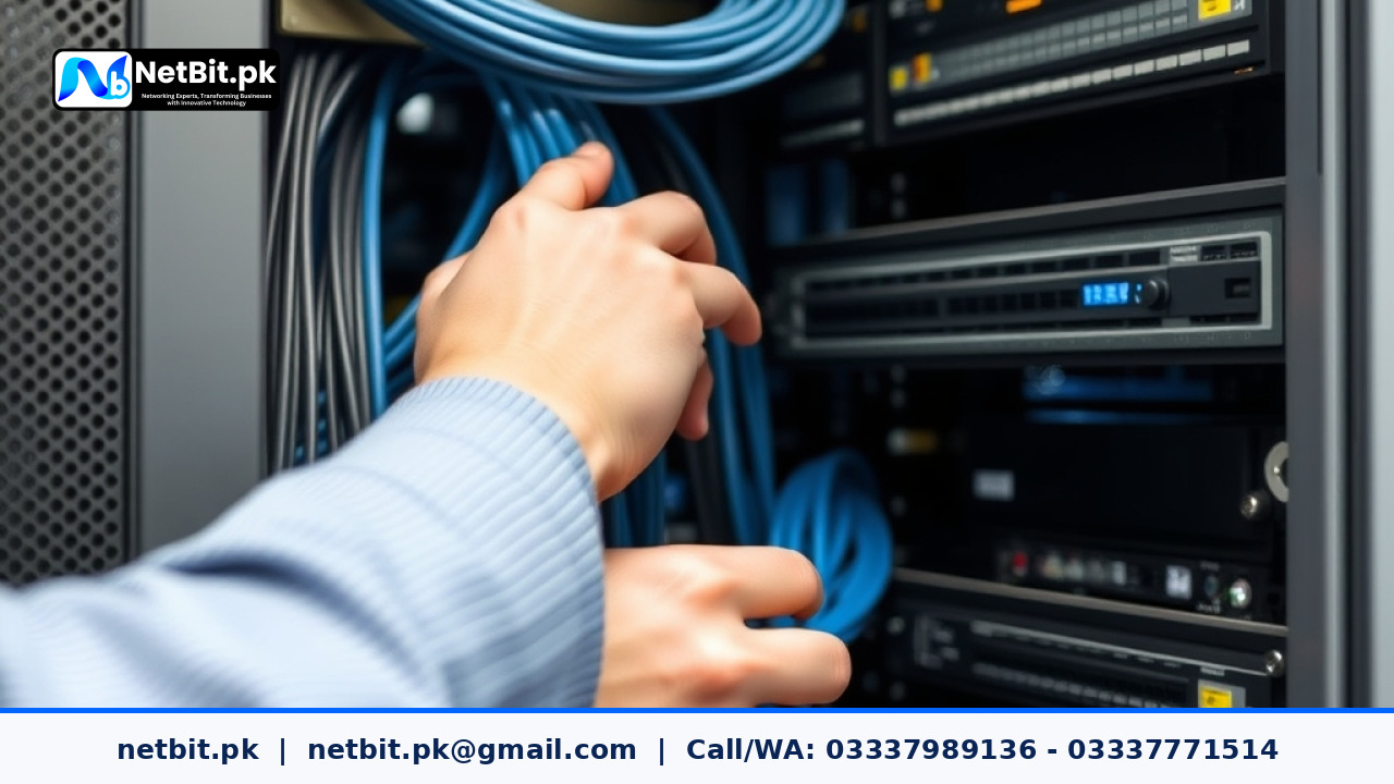 NetBit technician inspecting office network hardware and patch cables