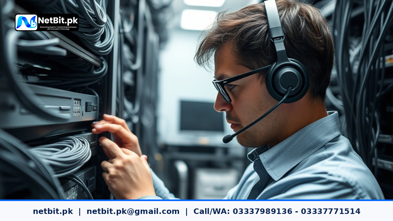 NetBit technician performing professional IT maintenance and network cabling inspection | NetBit Software House and Technology | netbit.pk