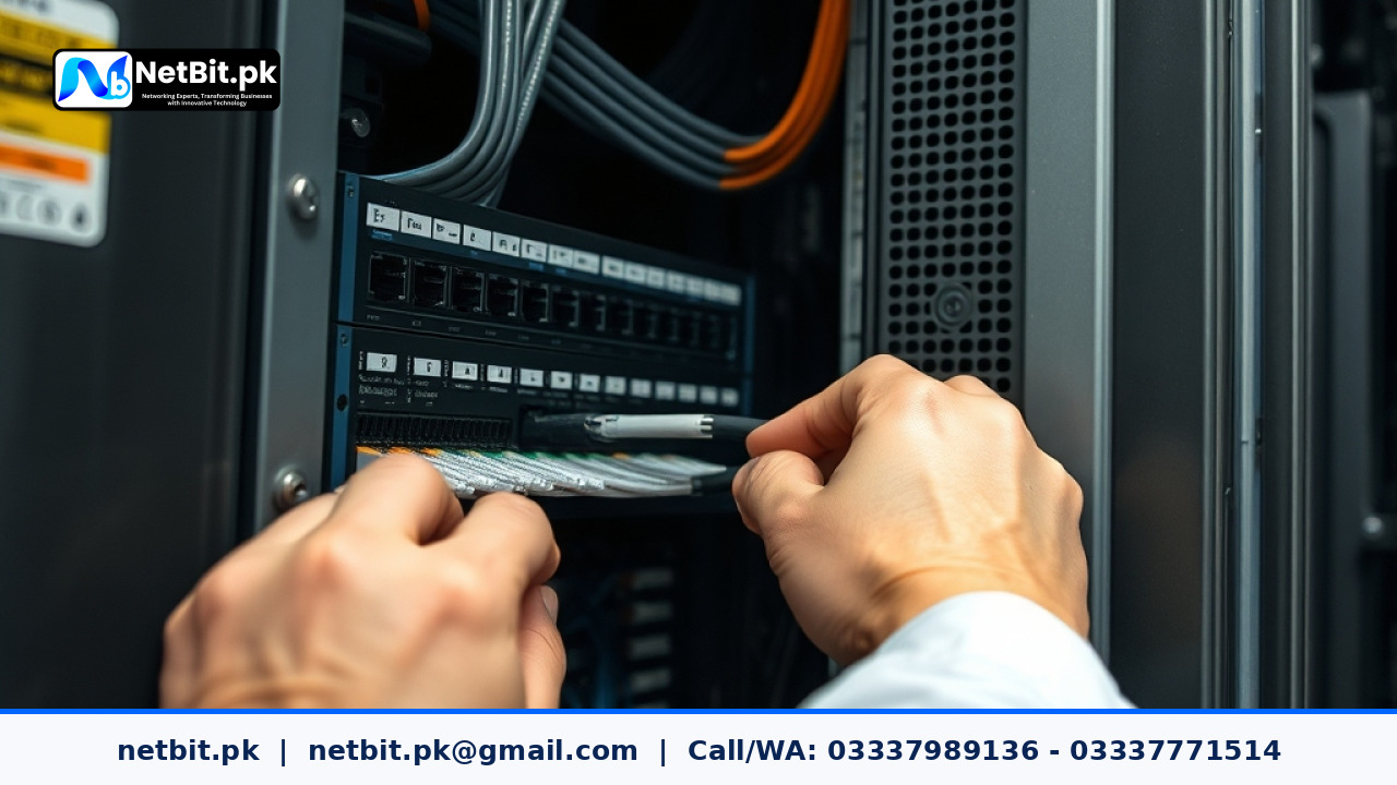 Professional network technician organizing and terminating Cat6 cables in a modern office rack