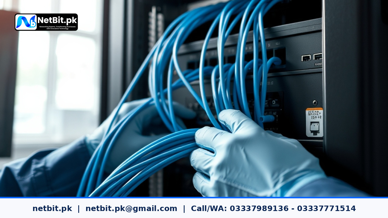 Technician hands organizing network cables in a professional server rack | NetBit Software House and Technology | netbit.pk