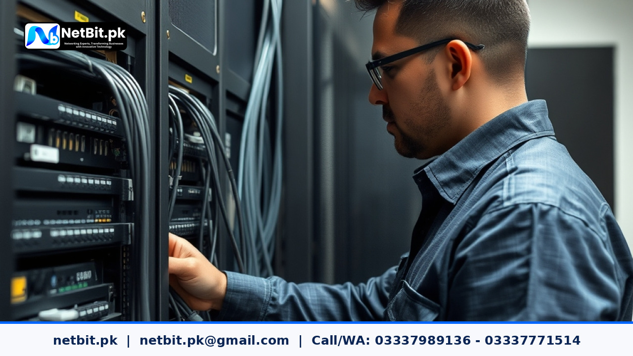 IT technician configuring server hardware in an office server rack | NetBit Software House and Technology | netbit.pk