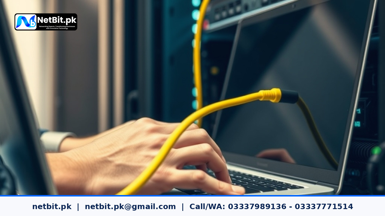 A technician's hands configuring a server for software deployment in a professional office setting. | NetBit Software House and Technology | netbit.pk