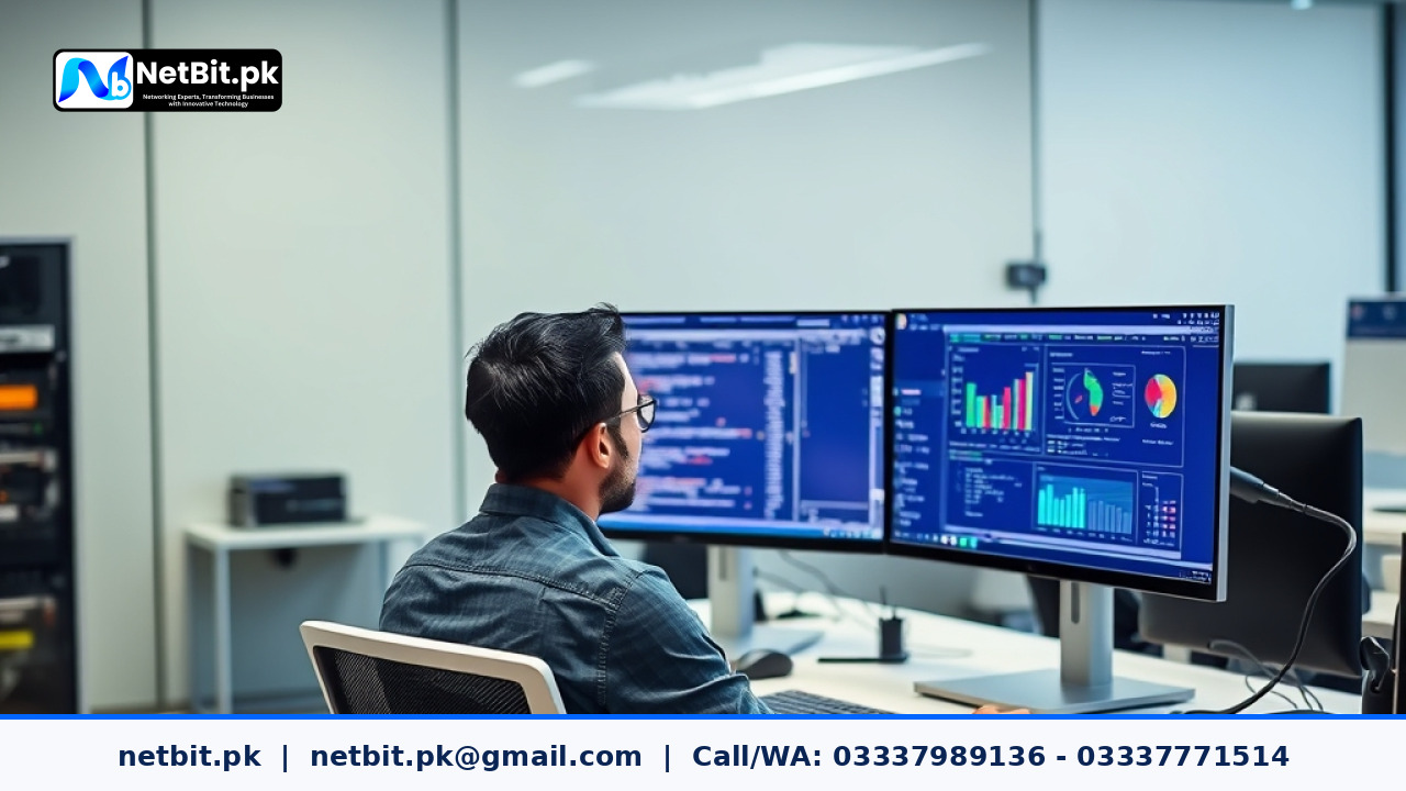 Clean and modern office workspace showing software developers working on specialized technology updates on multiple computer monitors.