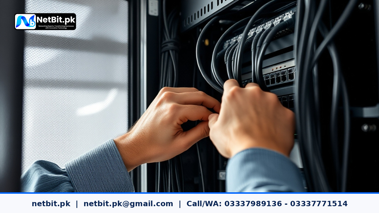Professional IT technician configuring server rack hardware in an office | NetBit Software House and Technology | netbit.pk