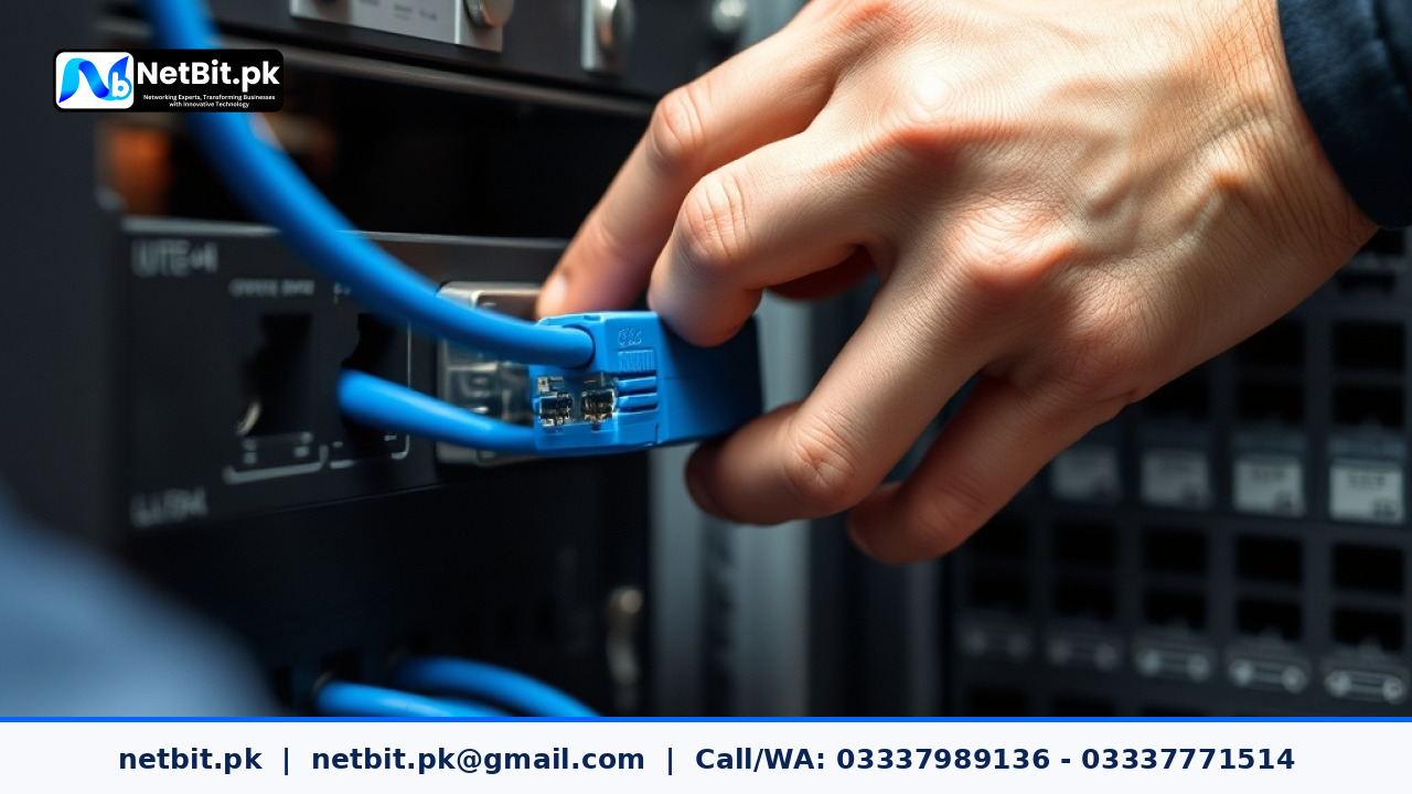 Professional IT technician hands working on a computer network switch with organized cables | NetBit Software House and Technology | netbit.pk