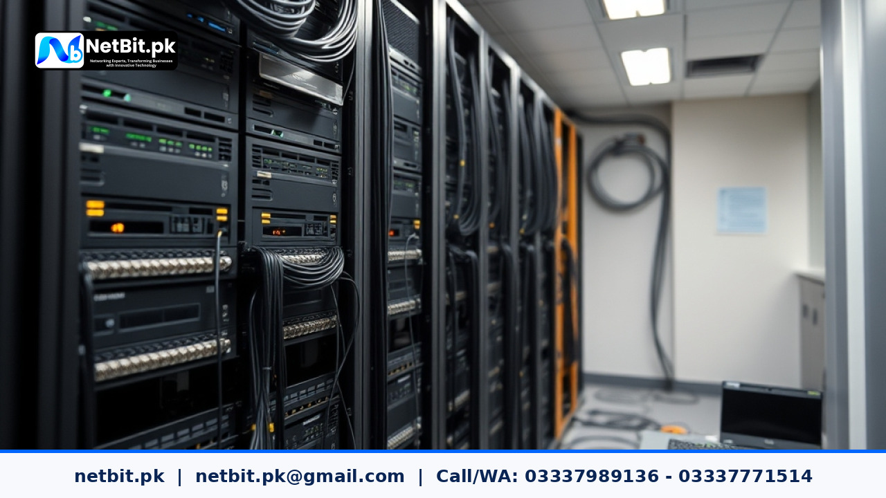 Server rack infrastructure with blinking status lights in a modern data center