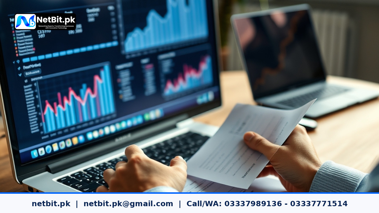 IT professional auditing website performance and search data on an office workstation