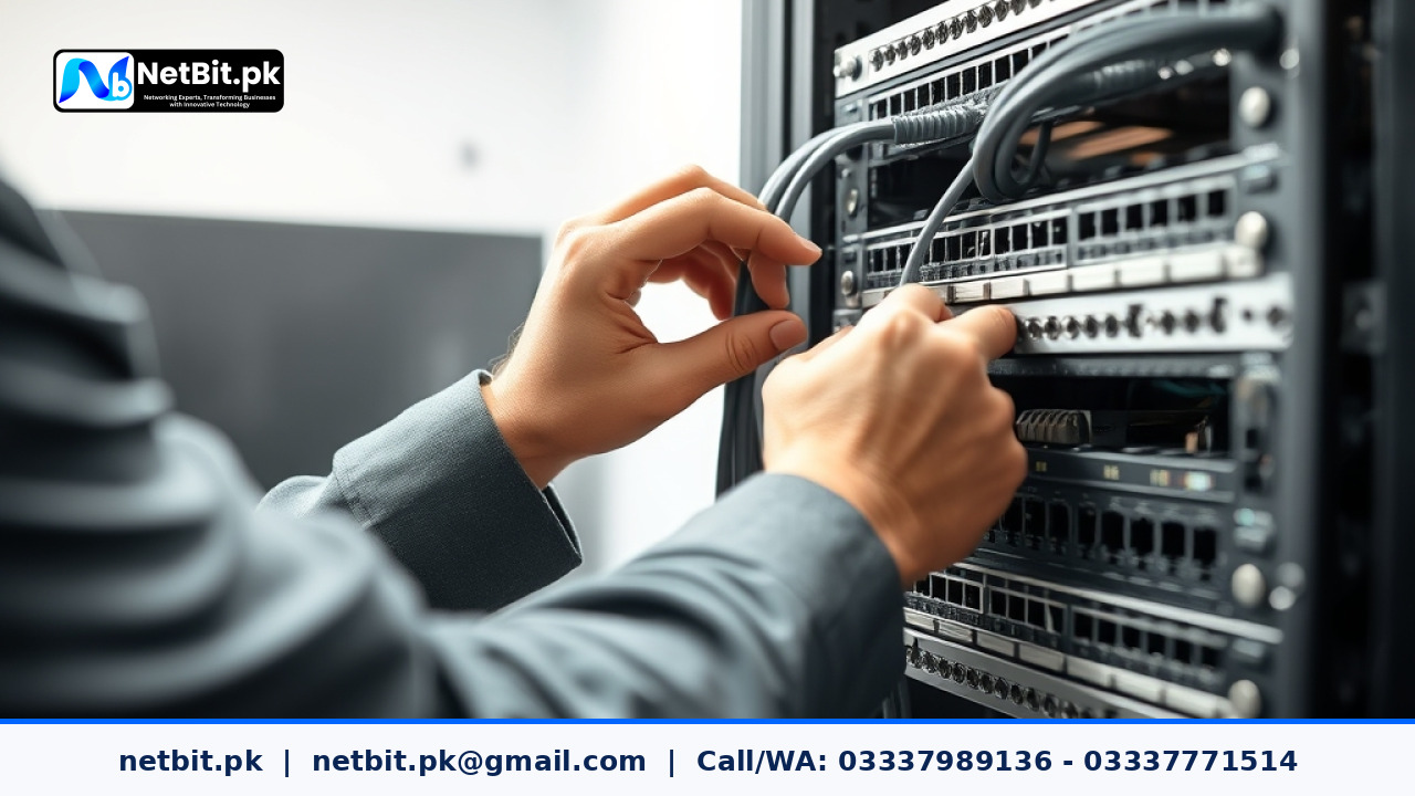 IT technician organizing cables in an enterprise server rack inside a modern Pakistani business office. | NetBit Software House and Technology | netbit.pk