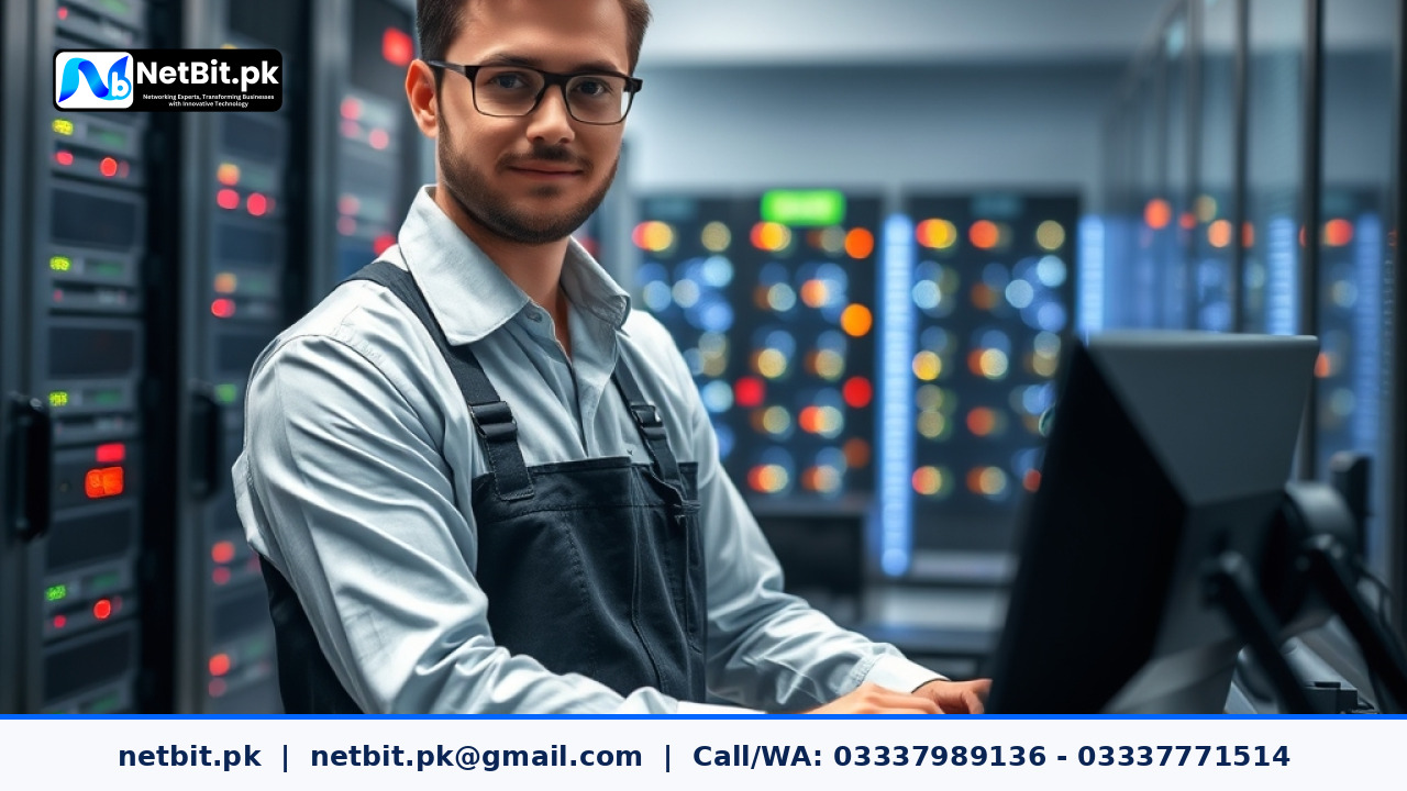Professional IT technician reviewing server status and kernel update logs in a modern server room