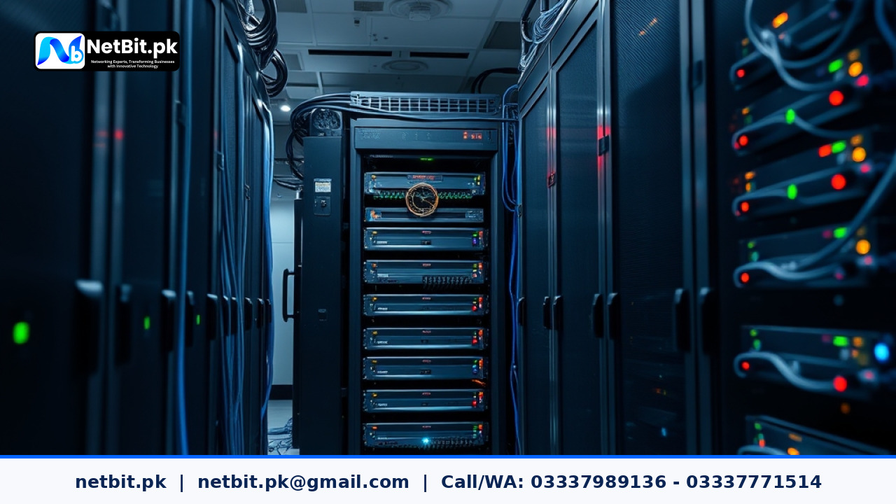 Server room rack with blinking status lights representing application server monitoring and updates