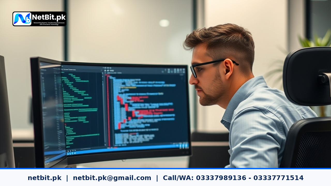 Professional developer reviewing database migration scripts on dual computer monitors in a modern office