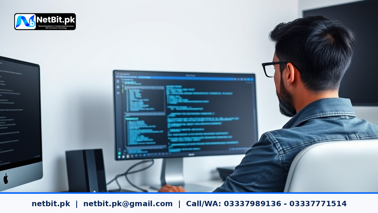 A developer verifying software deployment package checksums on a dual-monitor workstation in a modern office