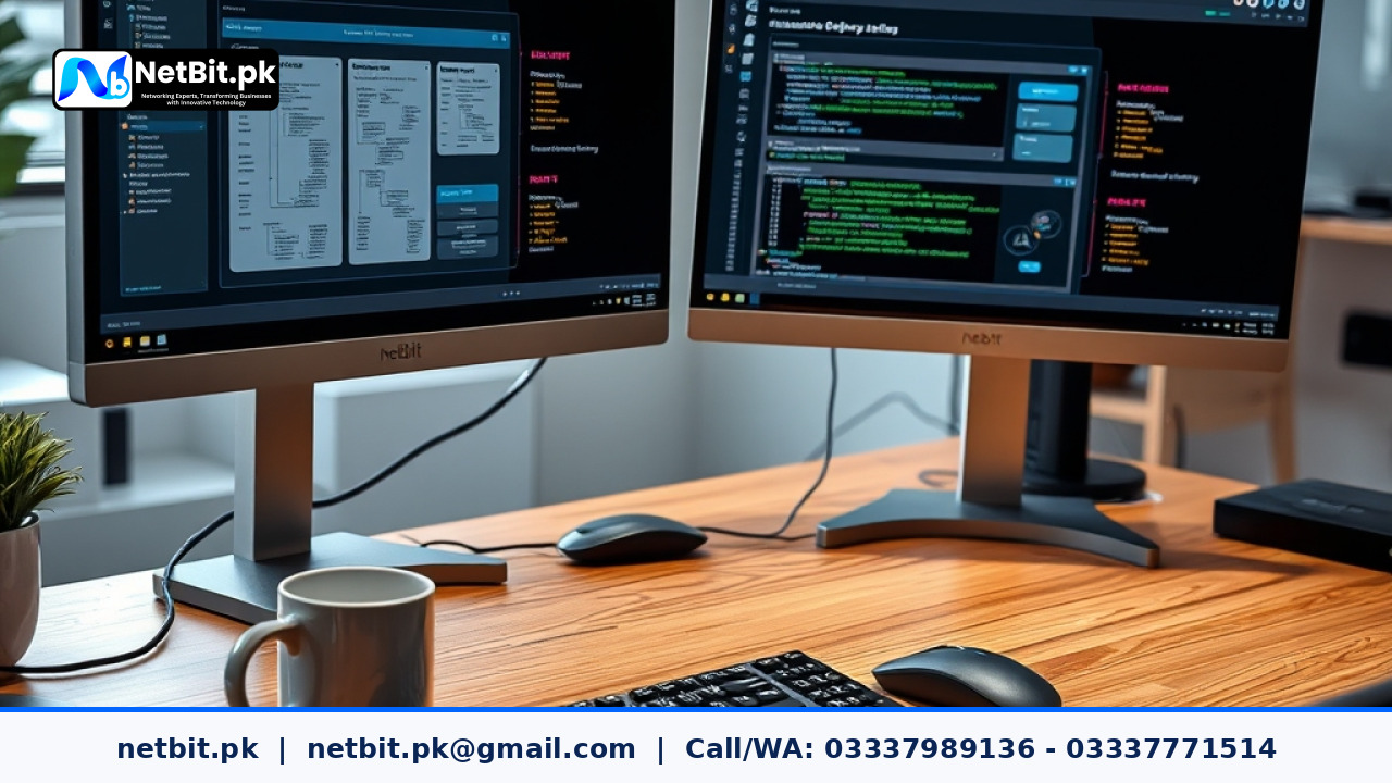 Software developer reviewing database schema migration scripts on a dual monitor workstation in a modern office