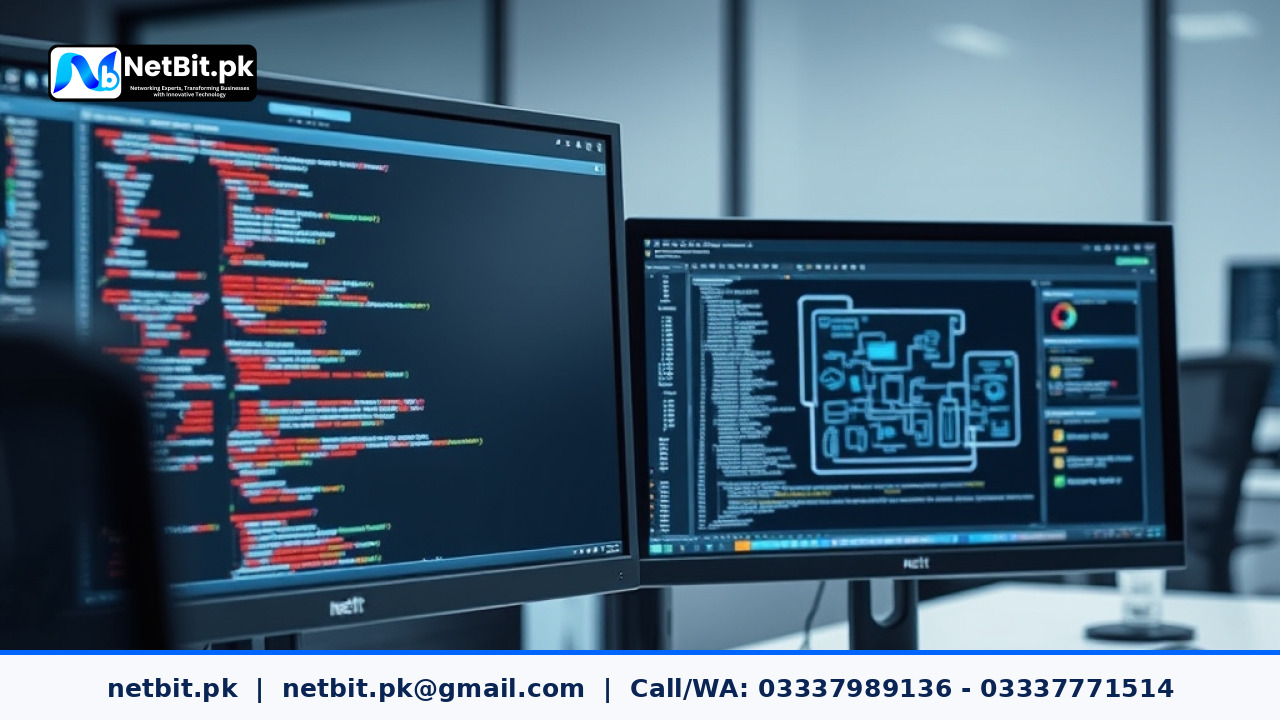 Software developer reviewing API code and version documentation on a modern dual monitor setup