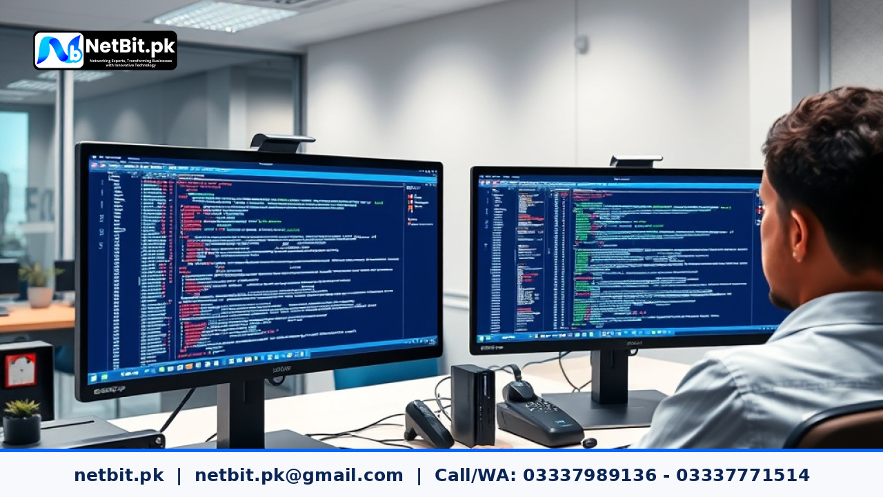 Clean workspace showing a developer reviewing code and database migration scripts on a dual monitor setup