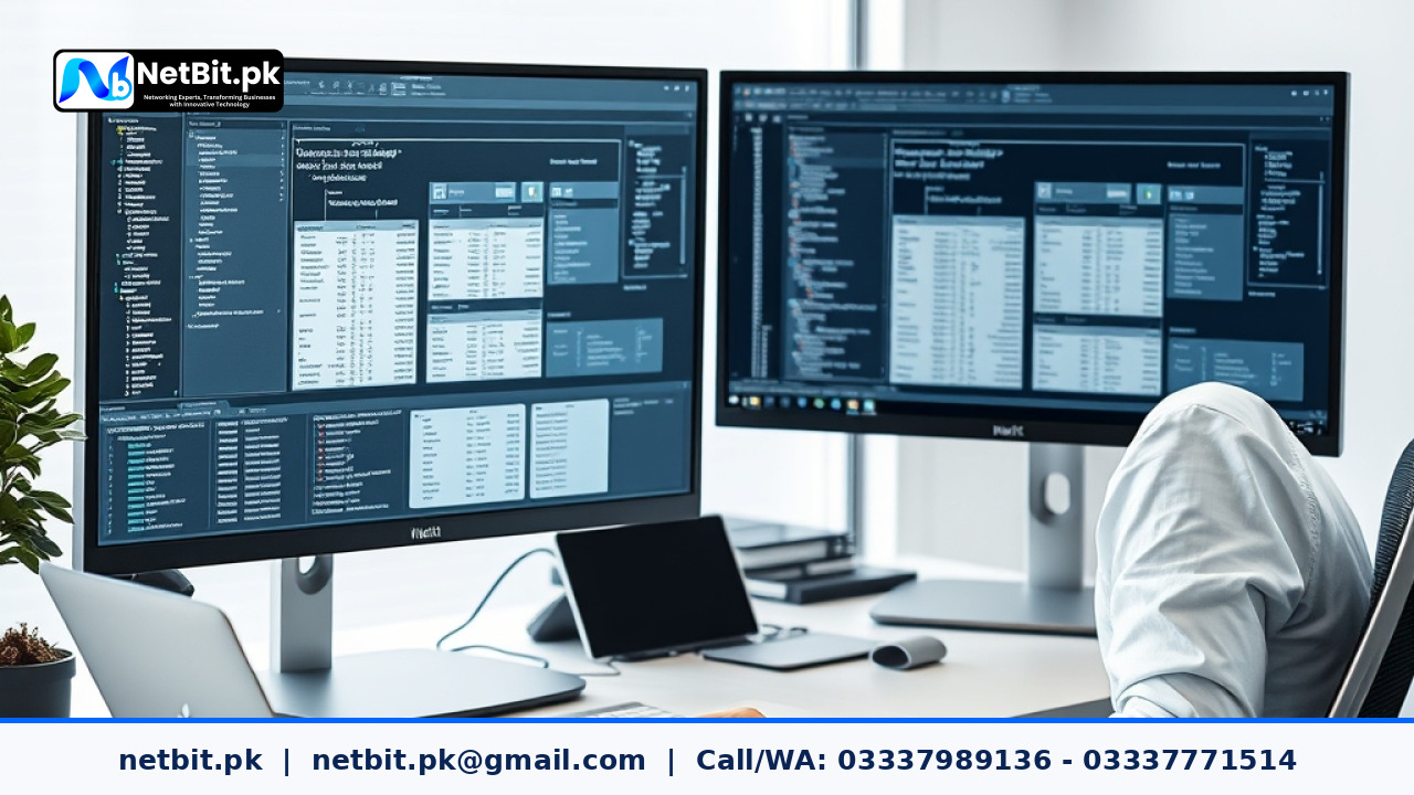 A software engineer sitting at a modern desk analyzing database architecture diagrams and clean computer screens in a bright tech office.