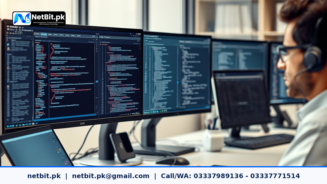 Developers reviewing cache invalidation rules and software code on modern office computer workstations