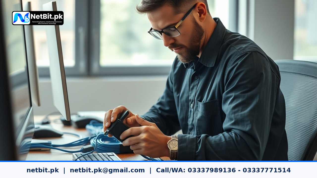 Professional IT technician configuring office automation network switches and cabling