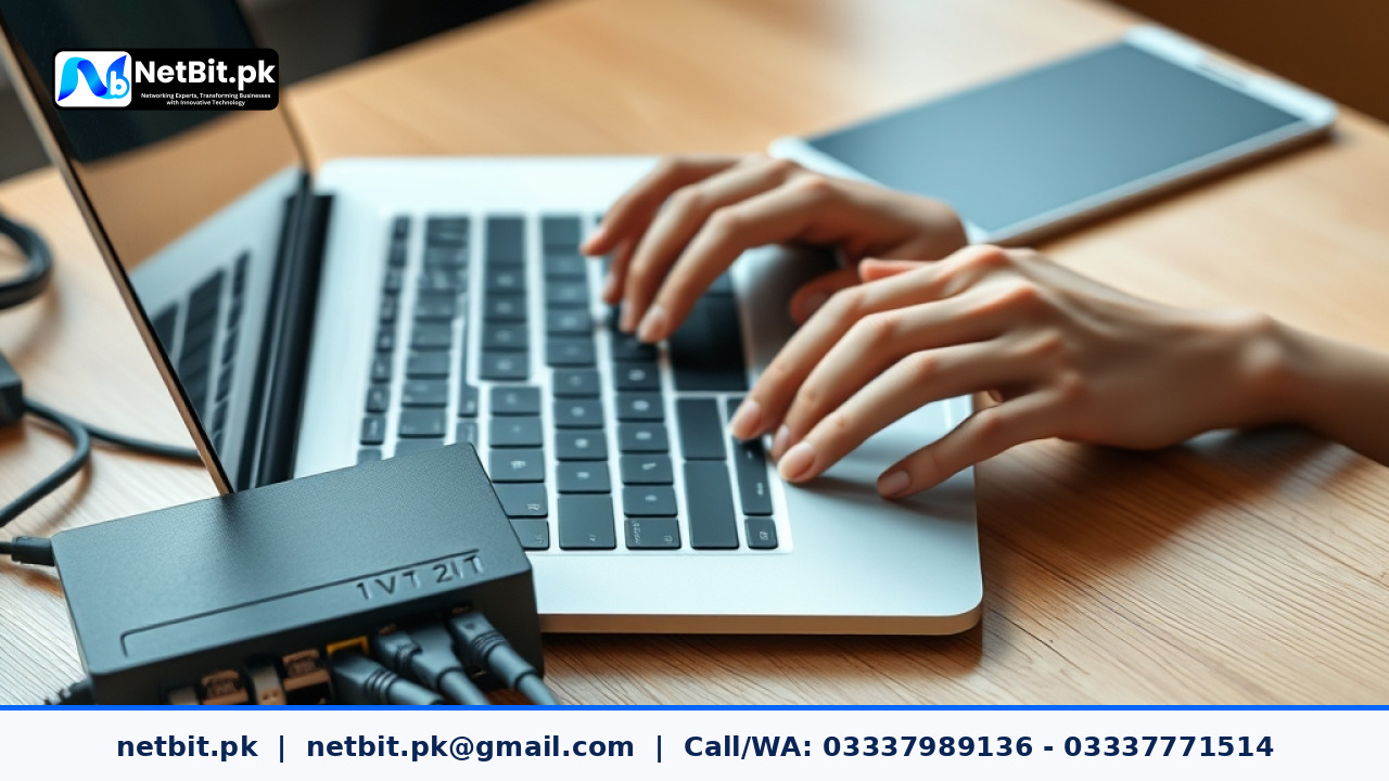 An office employee typing on an aluminum laptop next to organized paper folders and a network switch | NetBit Software House and Technology | netbit.pk