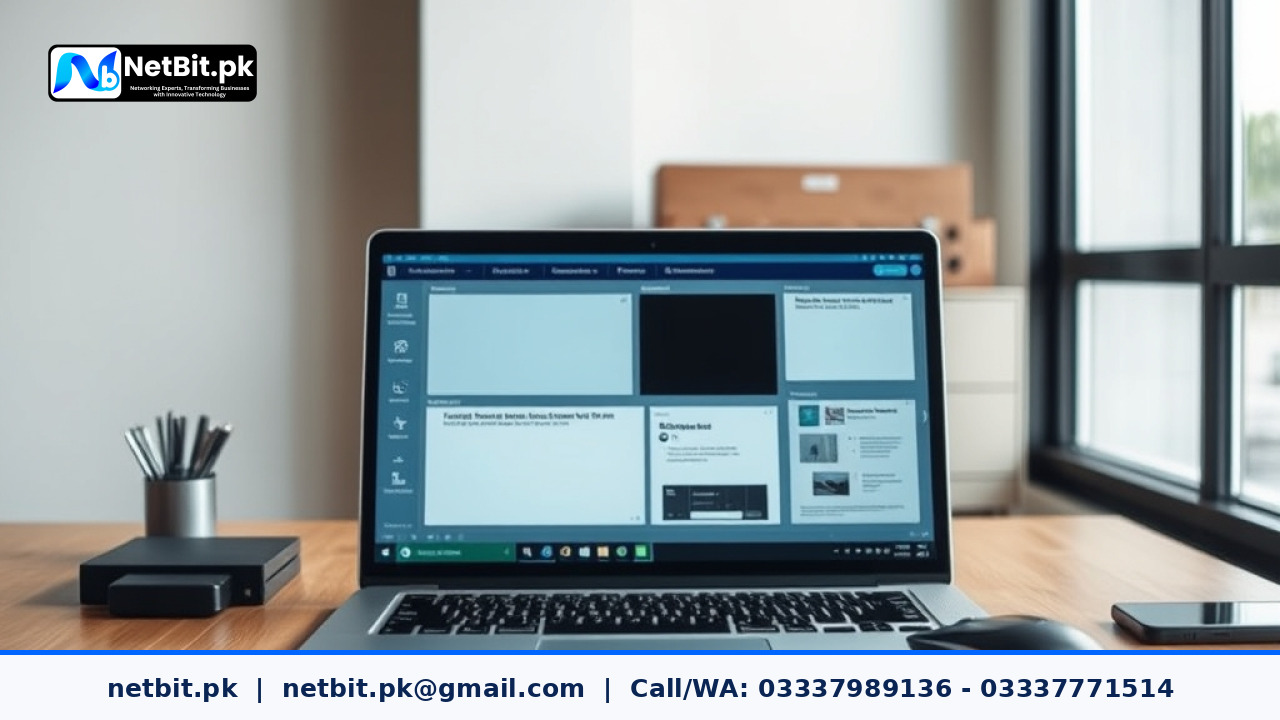 Clean workspace showing a laptop running business office automation software next to organized network cables