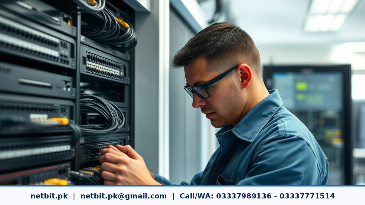 Network administrator checking server rack and cables in a modern office