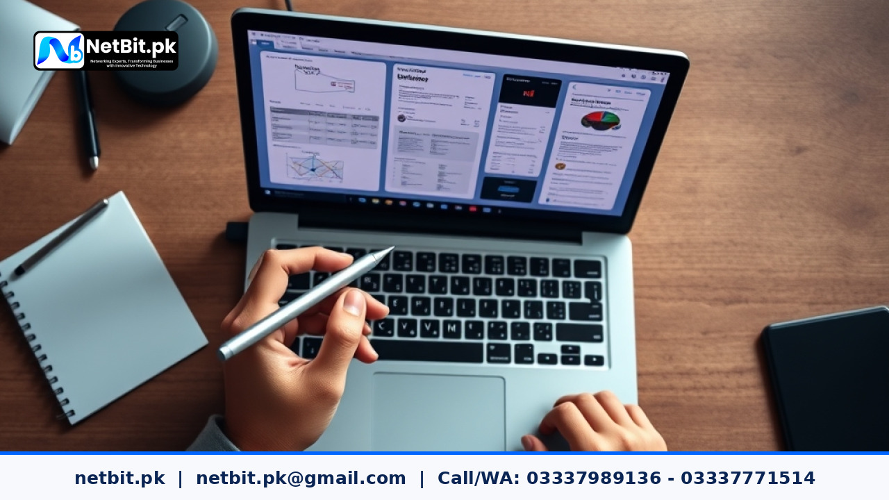 Web designer working on a modern user interface prototype using a laptop at an office desk
