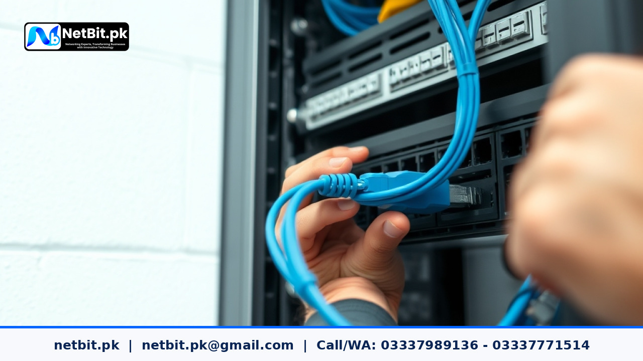 NetBit IT technician connecting blue Cat6 ethernet cables into a patch panel on a commercial server rack | NetBit Software House and Technology | netbit.pk