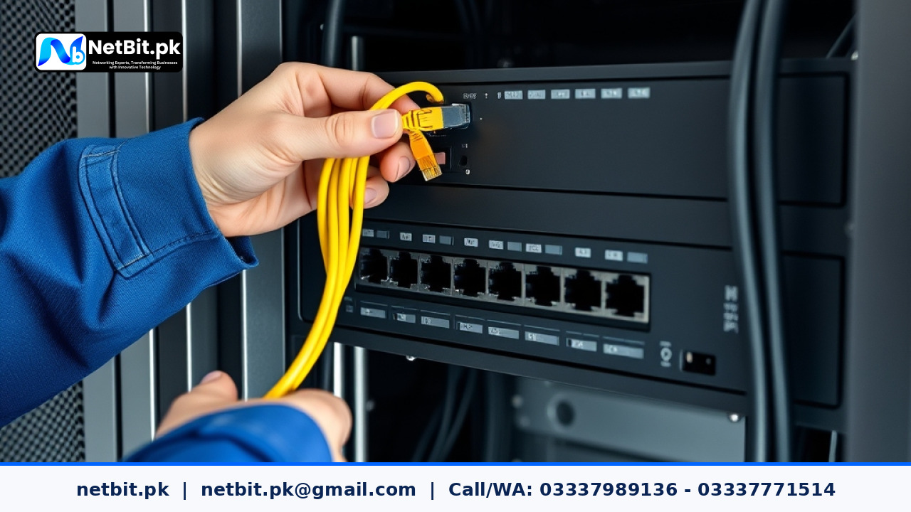 Technician cleanly organizing structured yellow Cat6 cables inside a business server rack. | NetBit Software House and Technology | netbit.pk
