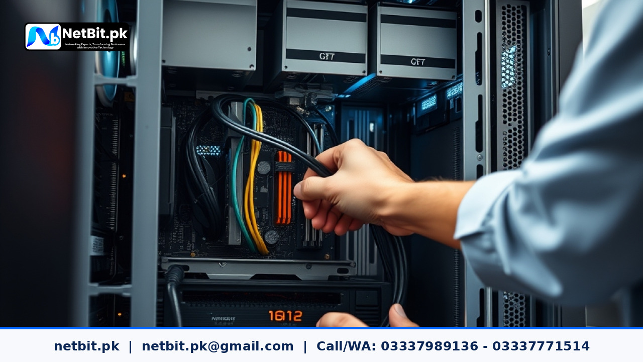 IT technician performing hardware maintenance on an office workstation | NetBit Software House and Technology | netbit.pk