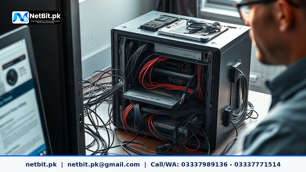 Professional technician assembling and configuring modern office computer systems and hardware components | NetBit Software House and Technology | netbit.pk