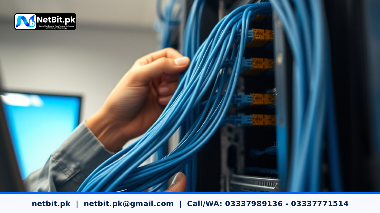 Network technician organizing and terminating Cat6 cables in a business server rack | NetBit Software House and Technology | netbit.pk