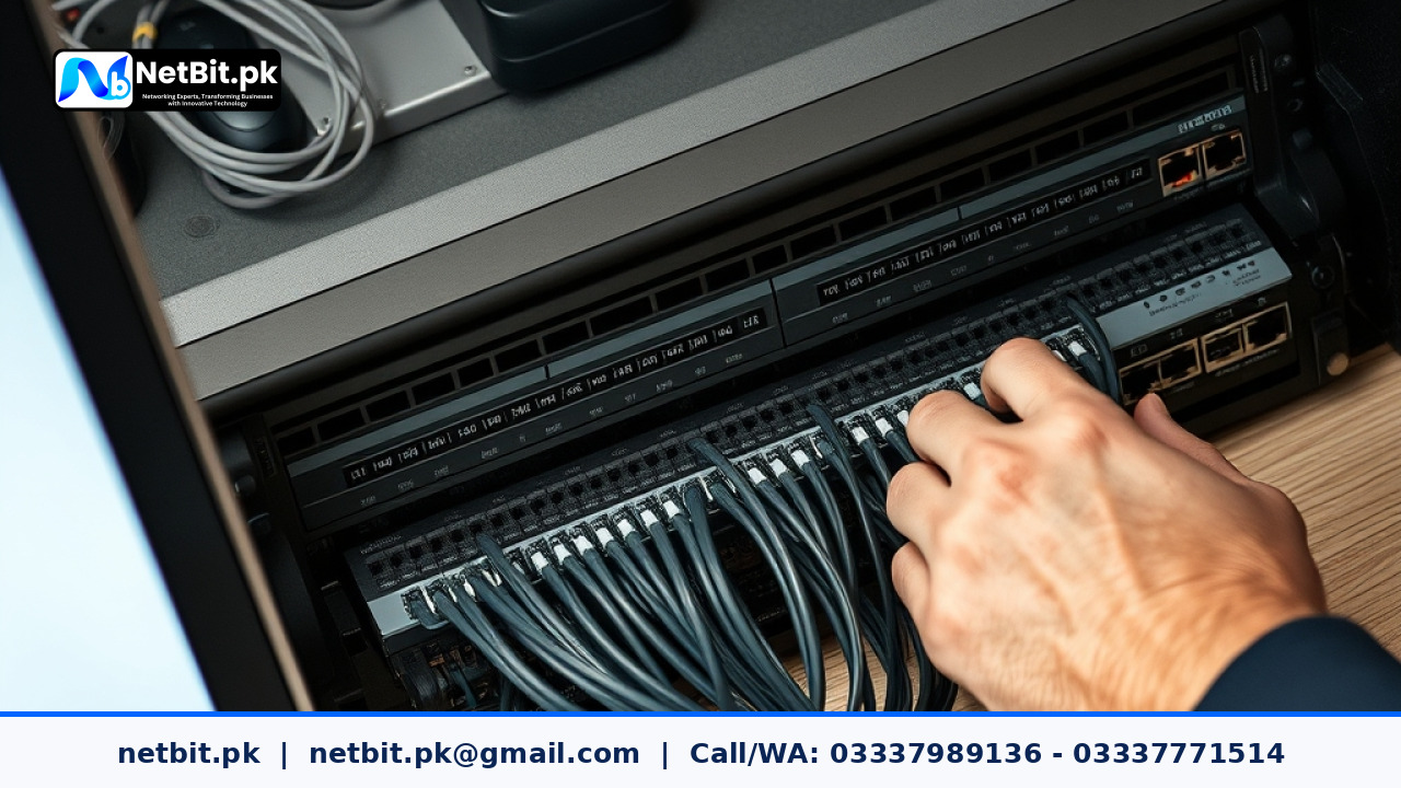 Technician configuring network switches and office automation systems at NetBit Software House | NetBit Software House and Technology | netbit.pk