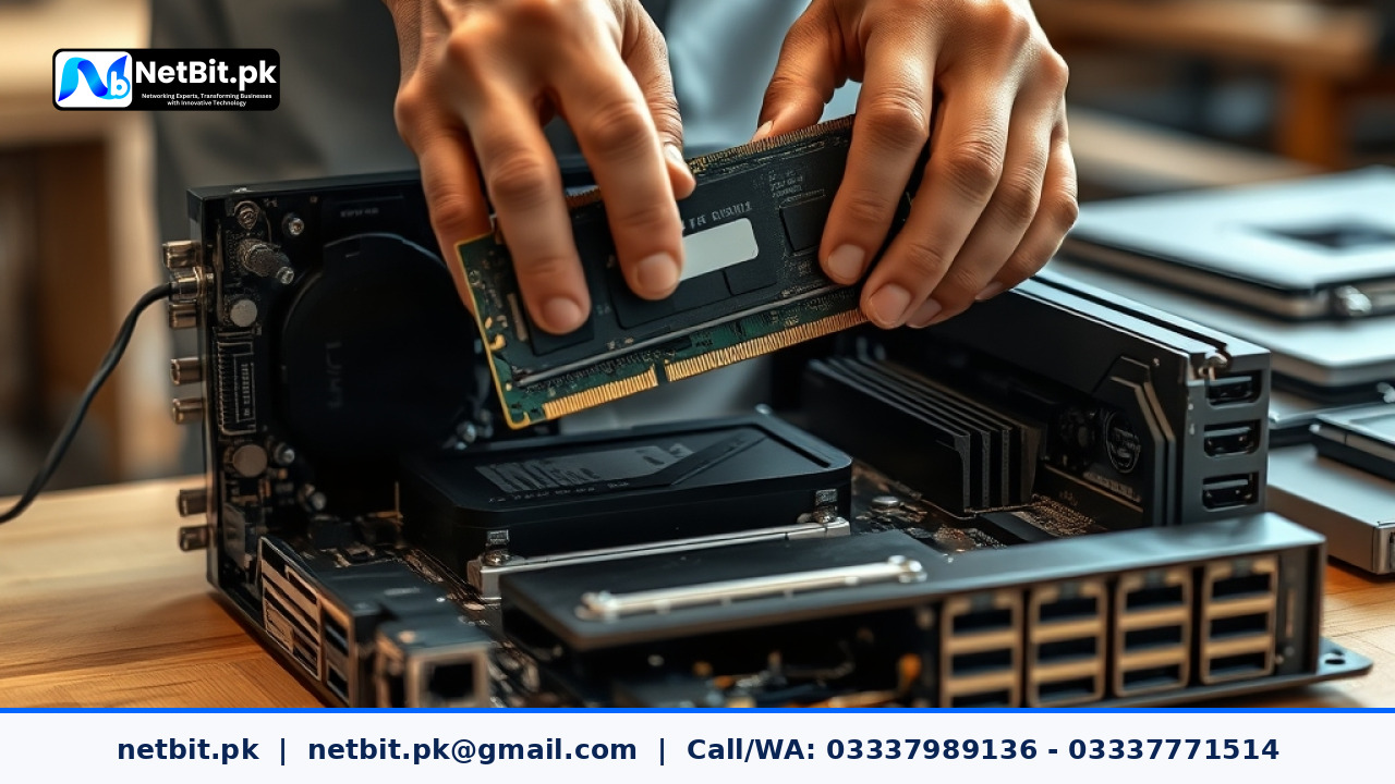 Technician assembling and configuring a business computer workstation in an office environment
