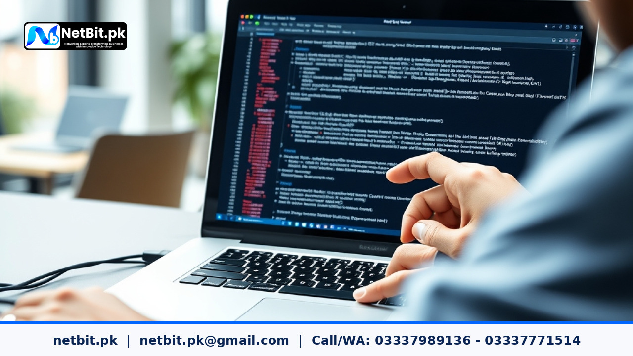 NetBit technician configuring server environment and software deployment on a workstation | NetBit Software House and Technology | netbit.pk