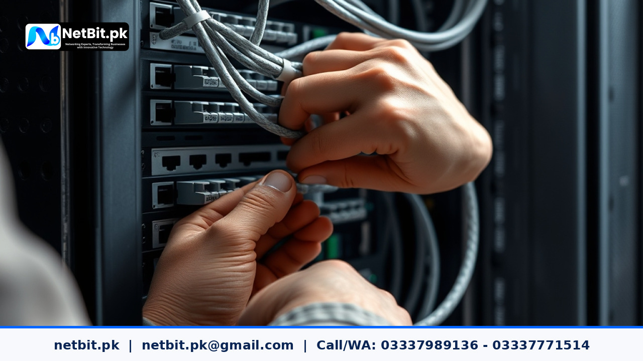Professional IT technicians working on network equipment and software deployment