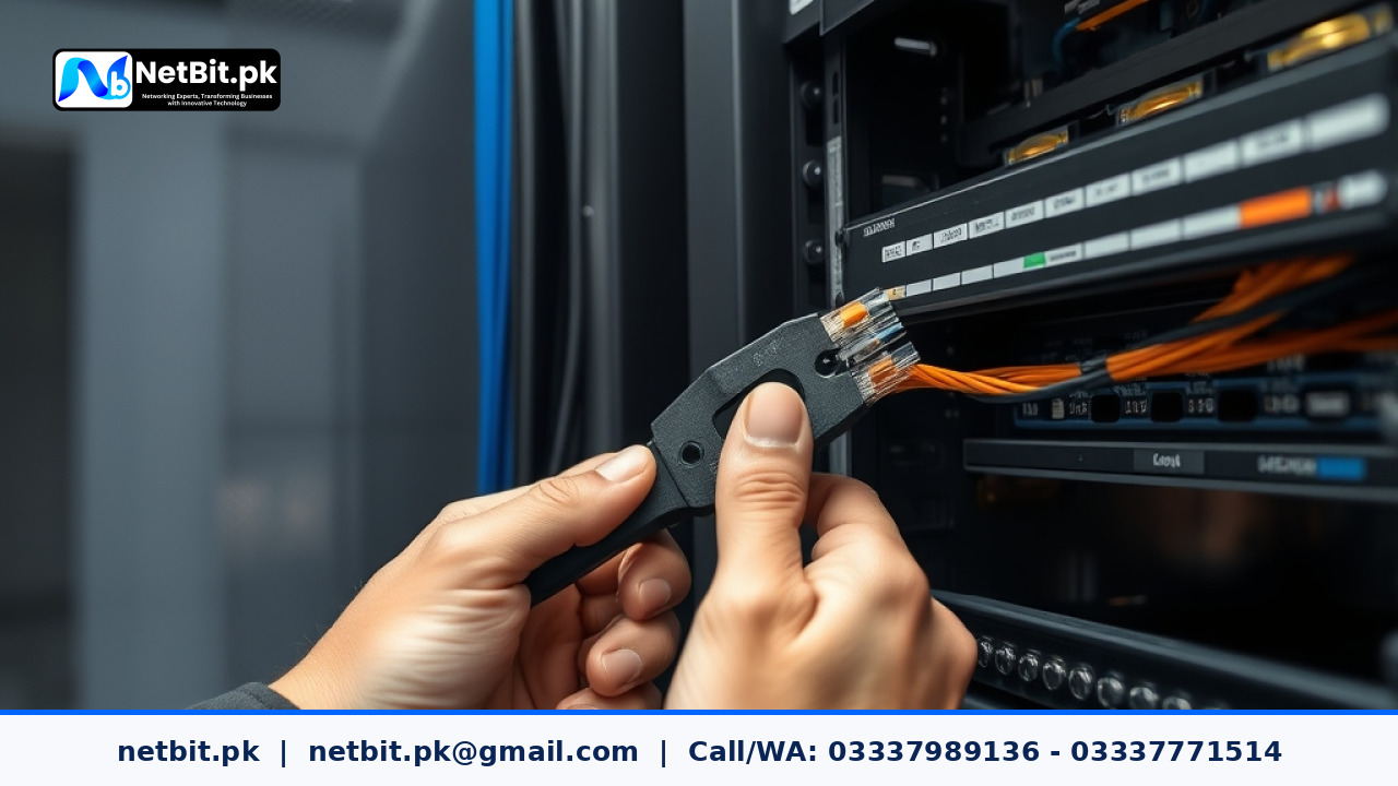 IT technician terminating a Cat6 network cable into a wall-mounted patch panel in a commercial server room