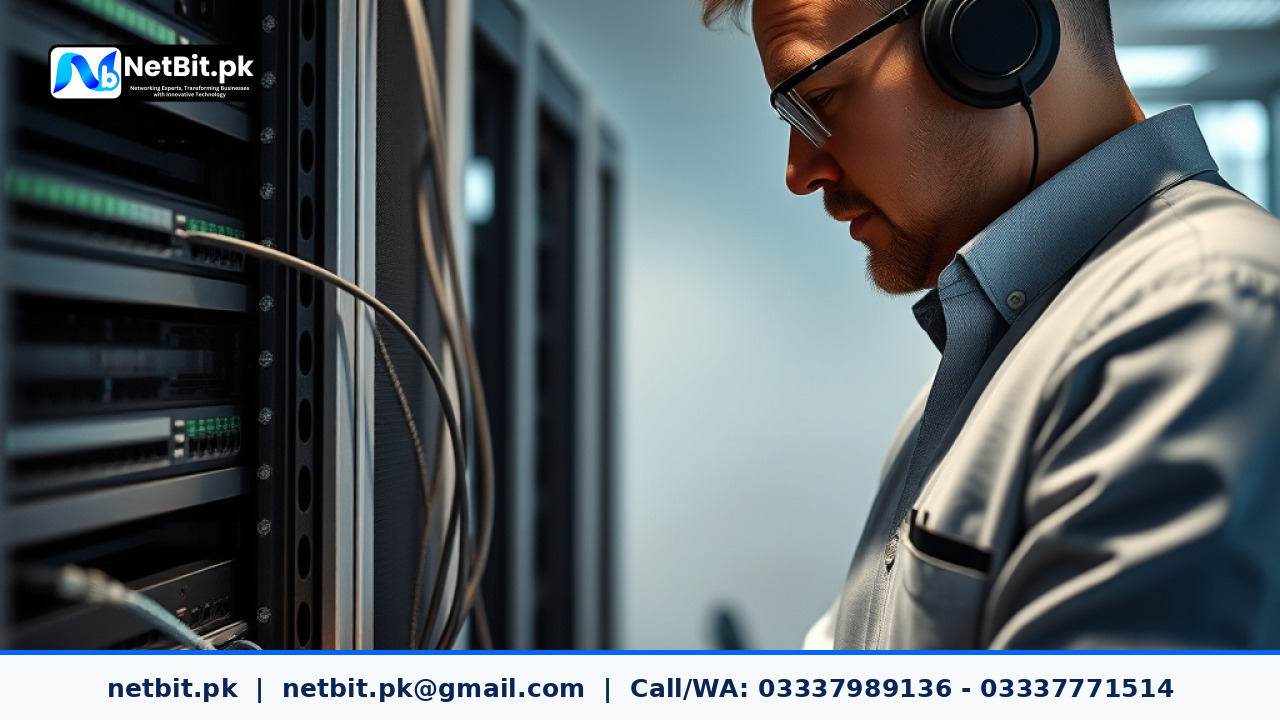 Engineers configuring network switches and software systems in a modern office