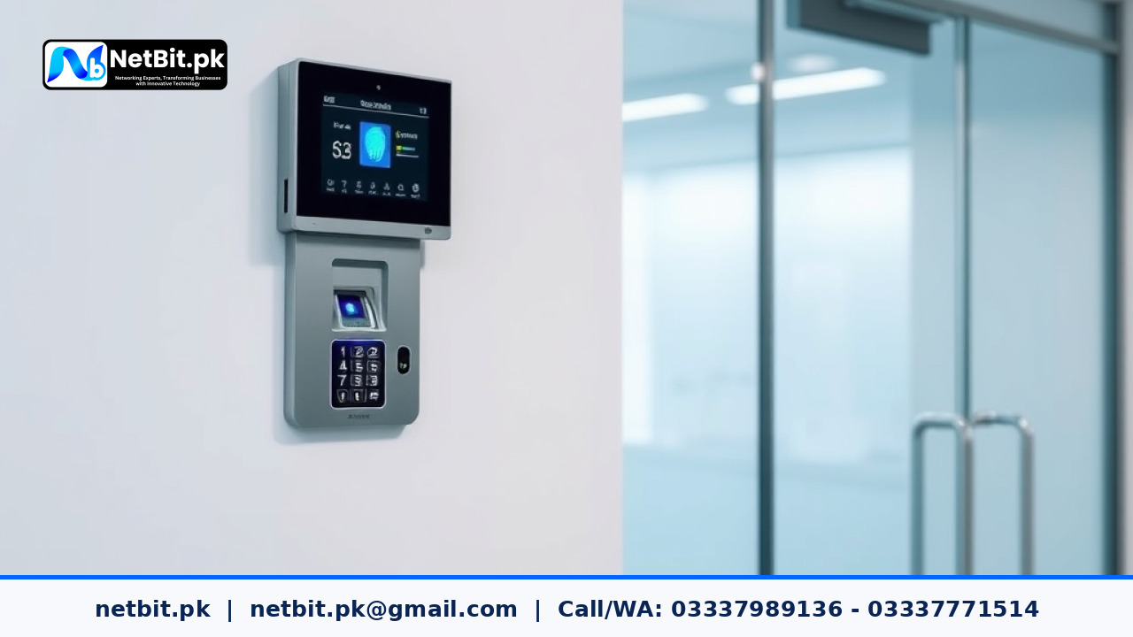 Modern biometric fingerprint attendance device installed on an office wall near a secured glass door
