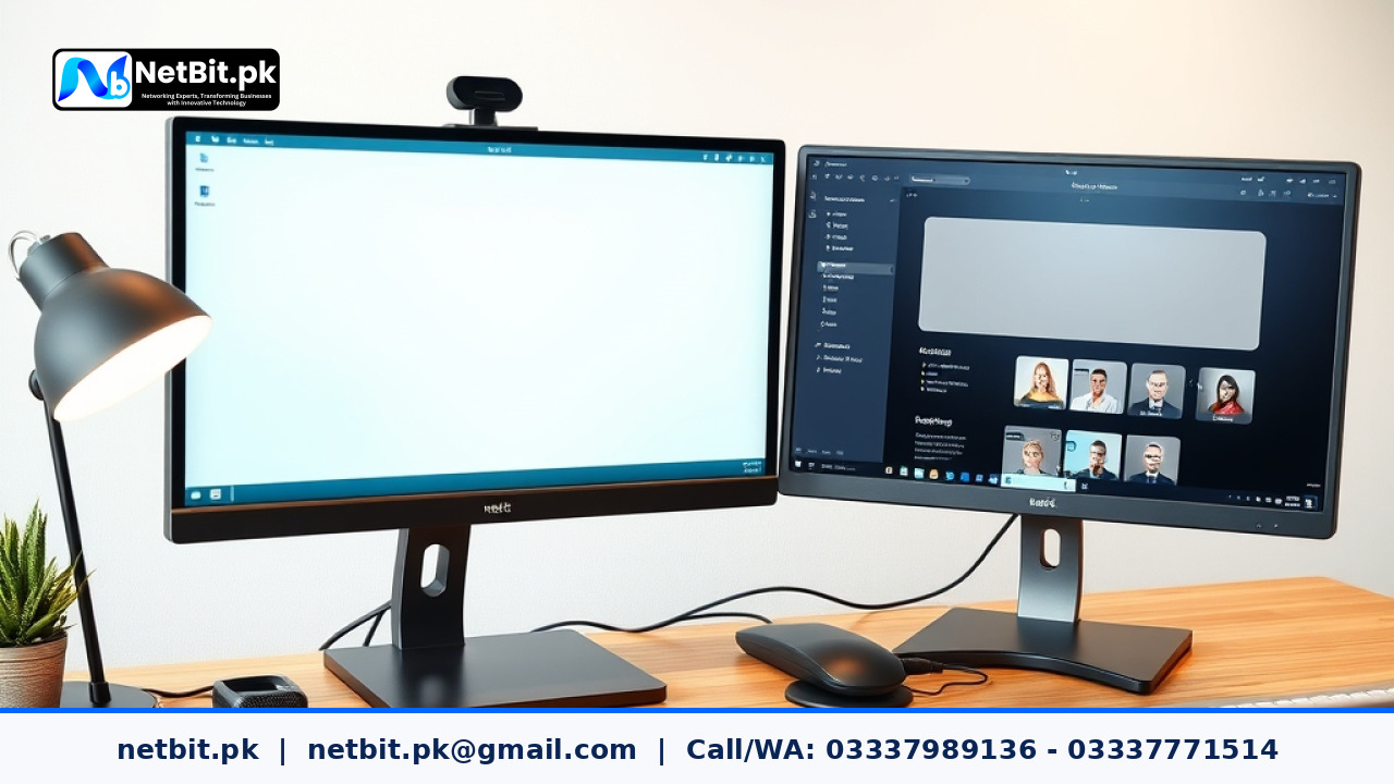 A modern dual monitor workstation displaying a web interface undergoing light and dark mode UI UX layout adjustments